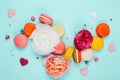 Composition of macarons and flowers Royalty Free Stock Photo