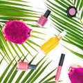 Composition made of dragon fruits, palm leaves and beauty cosmetics on white background. Flat lay Royalty Free Stock Photo