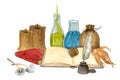 Composition with magic potions bottles, book, feather, bags of herbs and toadstool mushrooms. Watercolor hand drawn