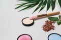 Composition with makeup brush, cosmetic products on white background Royalty Free Stock Photo