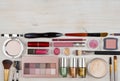 Composition of makeup products and cosmetics on table with copyspace Royalty Free Stock Photo
