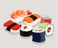 Composition of maki rolls, salmon, tuna and shrimp nigiri. Japanese food