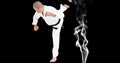 Composition of male martial karate artist with black belt kicking over smoke and copy space Royalty Free Stock Photo