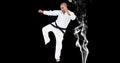 Composition of male martial karate artist with black belt kicking over smoke and copy space Royalty Free Stock Photo