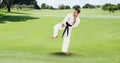 Composition of male martial karate artist with black belt practicing in park with copy space Royalty Free Stock Photo