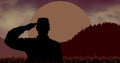 Composition of male soldier silhouette saluting over landscape with mountains and sun