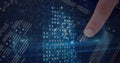 Composition of man touching virtual screen with biometric fingerprint and processor