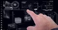 Composition of man touching virtual screen with data processing Royalty Free Stock Photo
