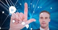Composition of man touching virtual screen with light bulb icons with network of connections Royalty Free Stock Photo