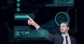 Composition of man touching virtual screen with scope scanning and data processing Royalty Free Stock Photo