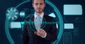 Composition of man touching virtual screen with scope scanning and data processing Royalty Free Stock Photo