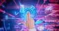 Composition of man touching virtual screen with scope scanning and data processing Royalty Free Stock Photo