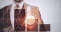 Composition of man touching virtual screen with scope scanning and letters changing Royalty Free Stock Photo