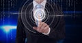 Composition of man touching virtual screen with scope scanning and letters changing Royalty Free Stock Photo