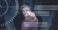 Composition of man touching virtual screen with scope scanning and sports text Royalty Free Stock Photo