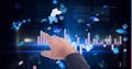 Composition of man touching virtual screen with statistics and data processing Royalty Free Stock Photo