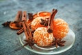 Manadarines, cinnamon and anise on a dark background