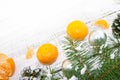 Composition with mandarins and Christmas tree on white rustic wooden background with copy space for text. Christmas mock-up or gr Royalty Free Stock Photo