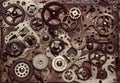 Composition of many brass gears of various sizes. Steampunk background