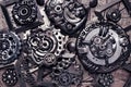 Composition of many brass gears of various sizes. Steampunk background