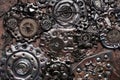 Composition of many brass gears of various sizes. Steampunk background