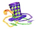 Composition for Mardi Gras. Group of traditional objects. Carnival hat, beads and feathers Royalty Free Stock Photo