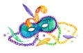 Composition for Mardi Gras. Group of traditional objects. Mask, beads and feathers. Hand drawn