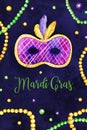 Composition for Mardi Gras. Mask and beads. Hand drawn watercolor illustration. Title in French