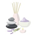 Composition with massage stones, candle, lavender plant, aroma diffuser, bowl full of bath salt In fashionable modern Royalty Free Stock Photo