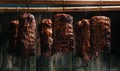 Composition of meats. Traditionally smoked ham. Hanging ham in the smokehouse smoked bacon for smoking. Long banner format