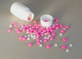 Composition of medicine bottle and pills on gray background. Royalty Free Stock Photo