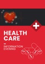 Composition of medicine and healthcare text over medical icons on red background