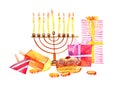 Composition with menorah, gift boxes, dreidels, donut and gold. Hanukkah greeting card. Hand drawn watercolor illustration