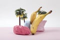 composition and metaphor for an island with palm trees, composed of ripe bananas and brightly painted pebbles Royalty Free Stock Photo