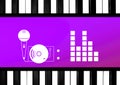 Composition of microphone, with turntable and block frequency meter on purple with piano key border Royalty Free Stock Photo