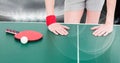 Composition of mid section of female table tennis player leaning on table with ball and racket Royalty Free Stock Photo