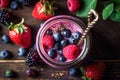 composition mix of berries and glass jar of berry smoothie on the rustic wooden table background, Generative AI