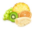 Composition with mix of cutted tropical fruits isolated on a white background with clipping path. Royalty Free Stock Photo