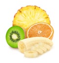 Composition with mix of cutted tropical fruits isolated on a white background with clipping path. Royalty Free Stock Photo