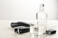 Composition with modern breathalyzers on white wooden table Royalty Free Stock Photo