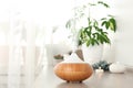 Composition with modern essential oil diffuser on wooden shelf indoors