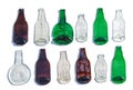Composition of molten, flat bottles of different colors on white background