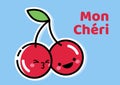 Composition of mon cheri text with smiling cherries on blue background