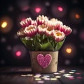 Composition for Mother\'s Day with beautiful flowers. Plastic jars decorated with flowers and hearts for a special date.