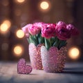 Composition for Mother\'s Day with beautiful flowers. Plastic jars decorated with flowers and hearts for a special date.