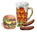 Composition with mug of beer and snacks.Sausages and hamburger, street food,Watercolor illustration,