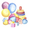 Composition multi-colored kids toy of pyramid, ball and cubes, toys flowers and hearts and colorful balloons Watercolor Royalty Free Stock Photo