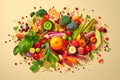 Composition of multicolored fresh vegetables and fruit. Concept of reducetarianism, climate diet, vegetarianism Royalty Free Stock Photo