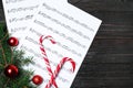 Composition with music sheets and space for text on wooden background Royalty Free Stock Photo