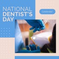 Composition of national dentist\'s day text over female patient with male dentist
